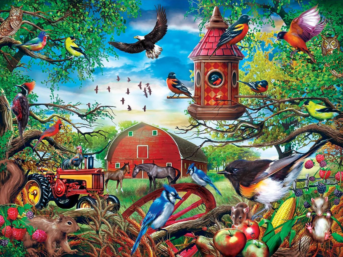 Vibrant country scene with a large red barn, antique tractor, and numerous colorful birds and wildlife.