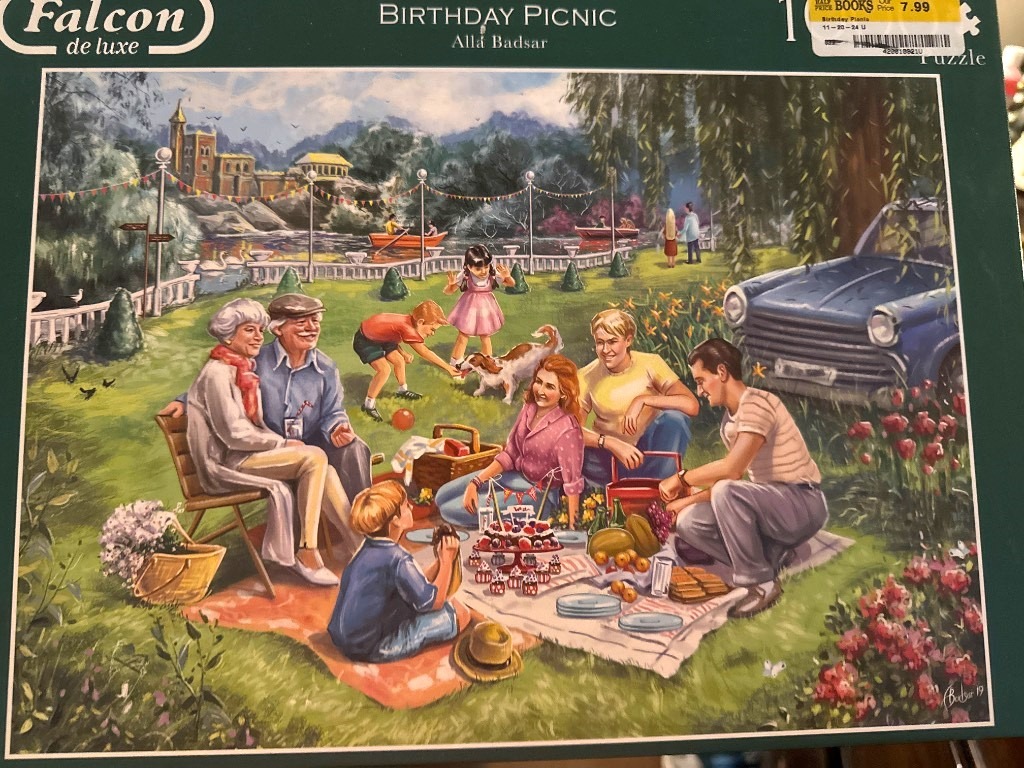 A nostalgic painted illustration of a multi-generational family having a birthday picnic in a lush park setting.