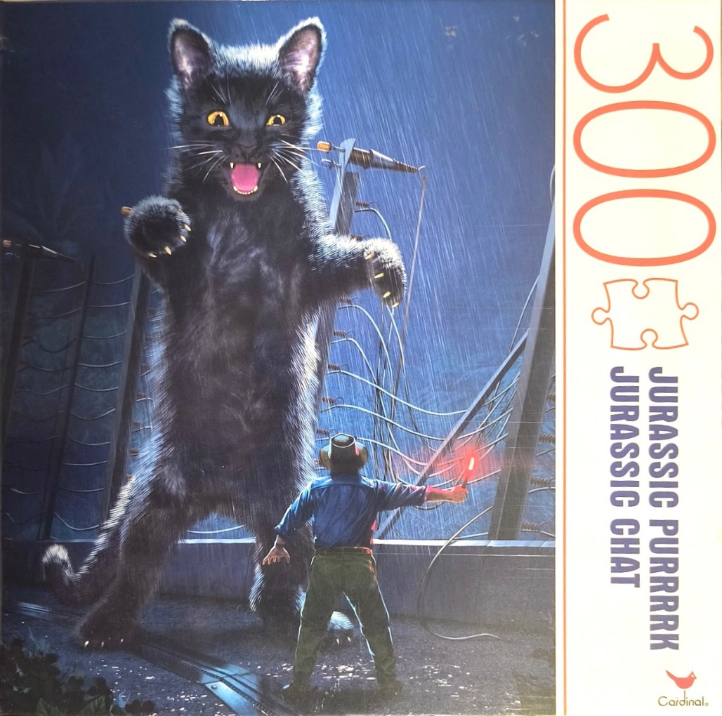 A giant black cat looms over a person holding a flare in a stormy, dark outdoor setting.
