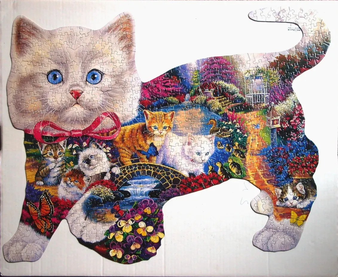 A whimsical illustration of a white cat shaped like a collage of kittens playing in a lush garden.