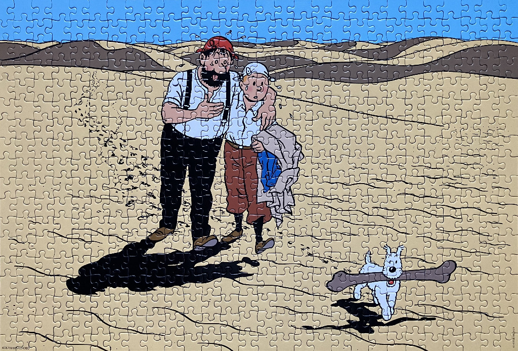Tintin and Captain Haddock trekking through the desert with Snowy