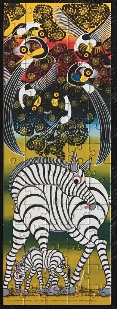 Tingatinga style painting of two zebras below stylized birds in black, yellow, and red.