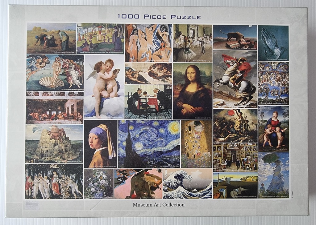 A collage of famous Western art masterpieces including the Mona Lisa, Starry Night, and The Great Wave.