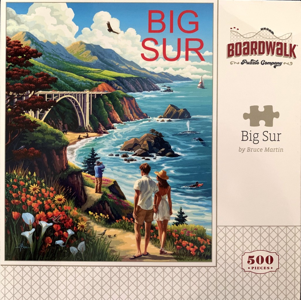 Illustration of a couple looking out over the Big Sur coastline with a large bridge and mountains in the background.