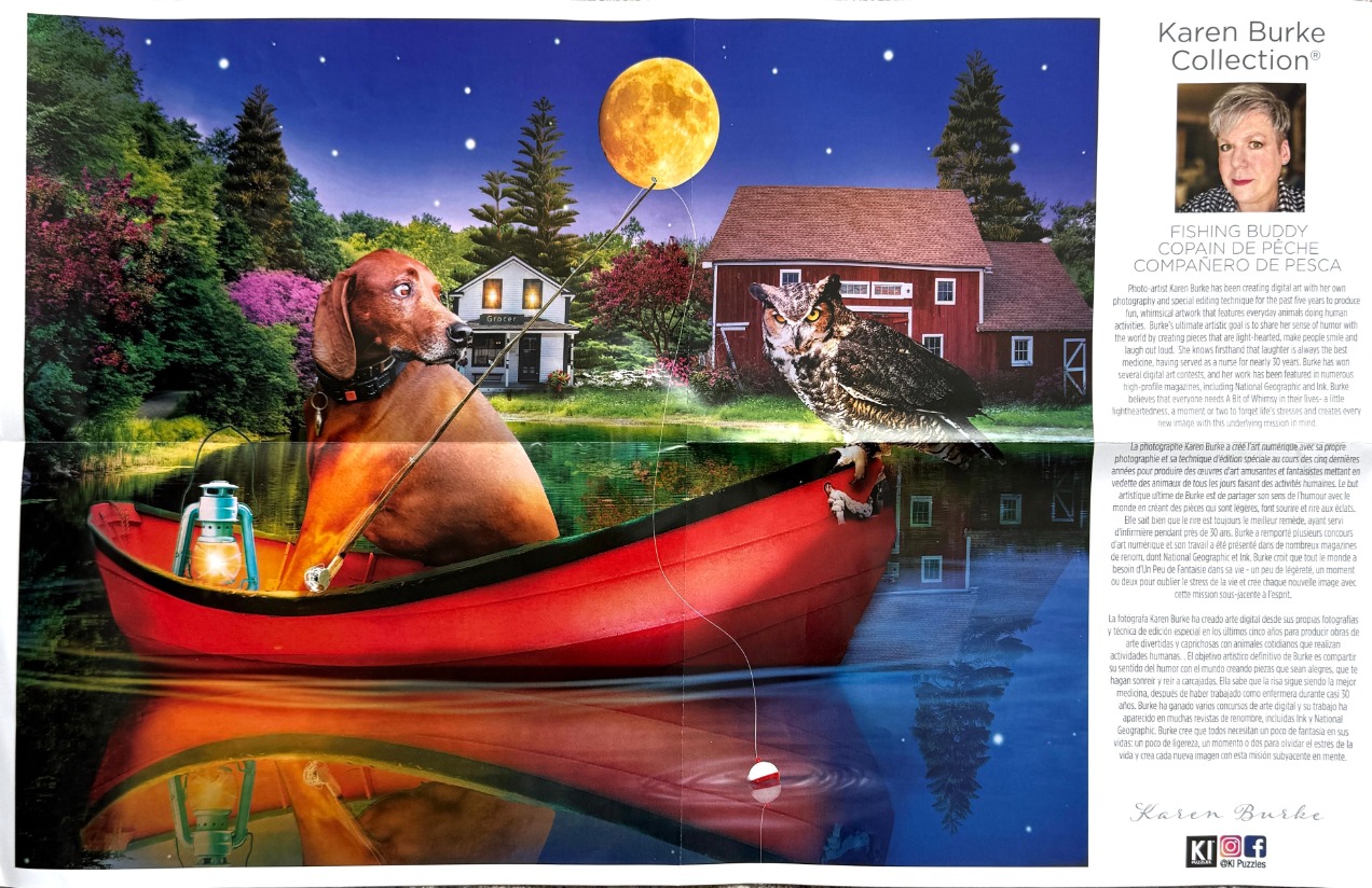 A dachshund and an owl sitting in a red canoe on a lake under a full moon.