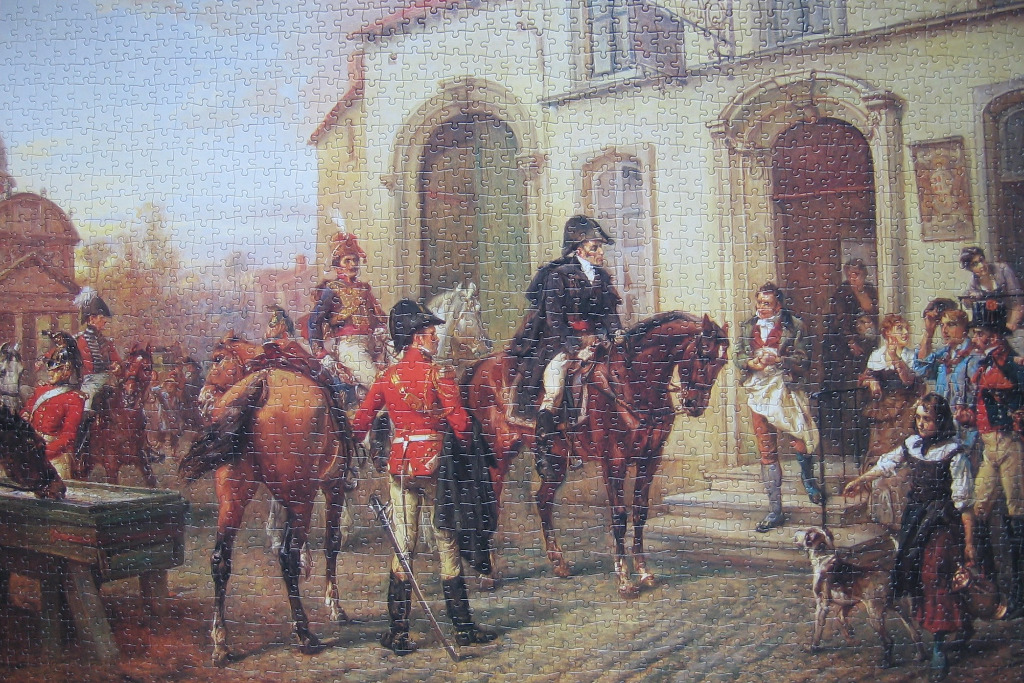 Painting of a 19th-century military officer on horseback conversing with townspeople outside a stone building.