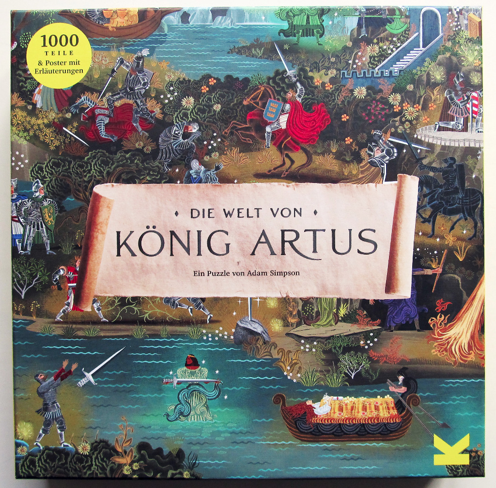 An illustrated tapestry-style scene of King Arthur and his knights in battle and mystical settings.
