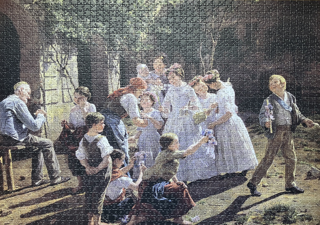 A Victorian-style painting of a group of children in white dresses and boys in rustic clothing playing outdoors.