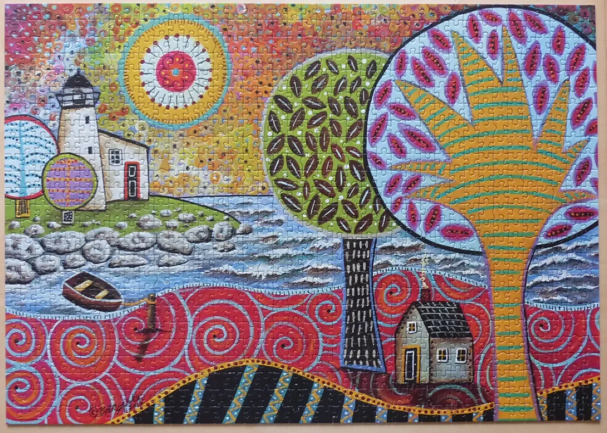 Whimsical folk art style coastal landscape with a lighthouse, stylized trees, and a small cottage.
