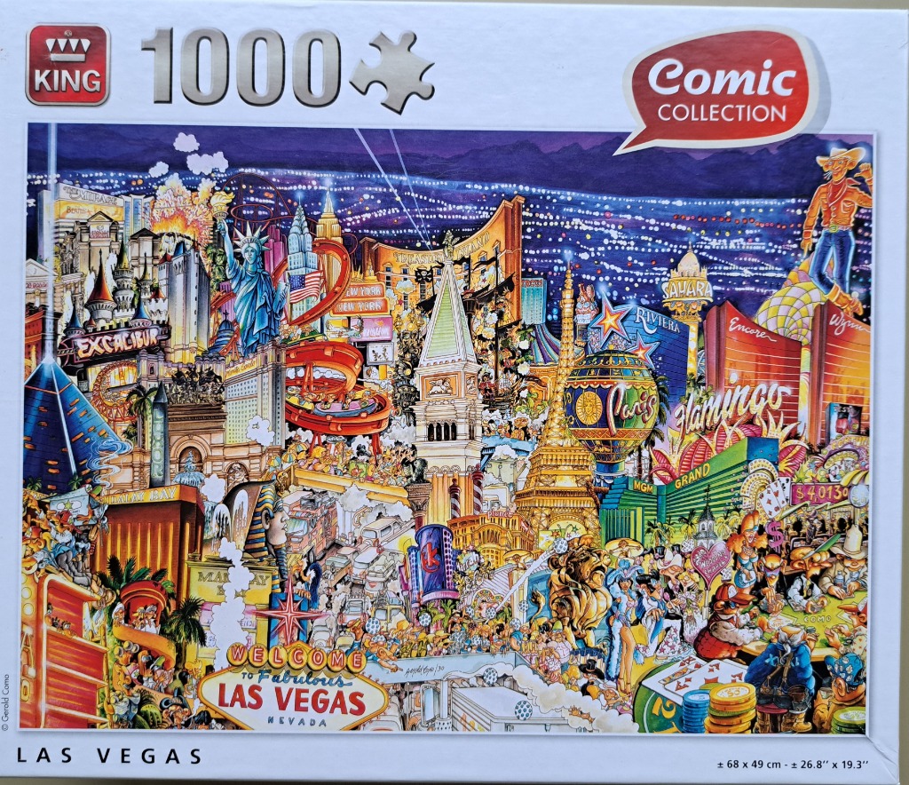 Cartoon illustration of the Las Vegas Strip at night featuring famous landmarks and crowds of tourists.
