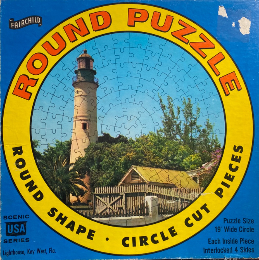 A lighthouse in Key West, Florida, set within a circular yellow border on a blue background.