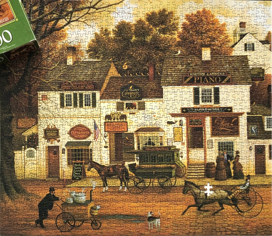 A nostalgic 19th-century street scene with shops, carriages, and period-dressed figures in autumn tones.