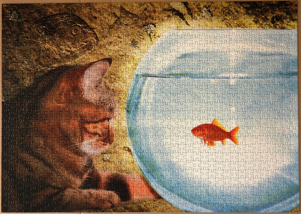 A tabby cat gazes intently at a small goldfish swimming in a large round glass bowl.
