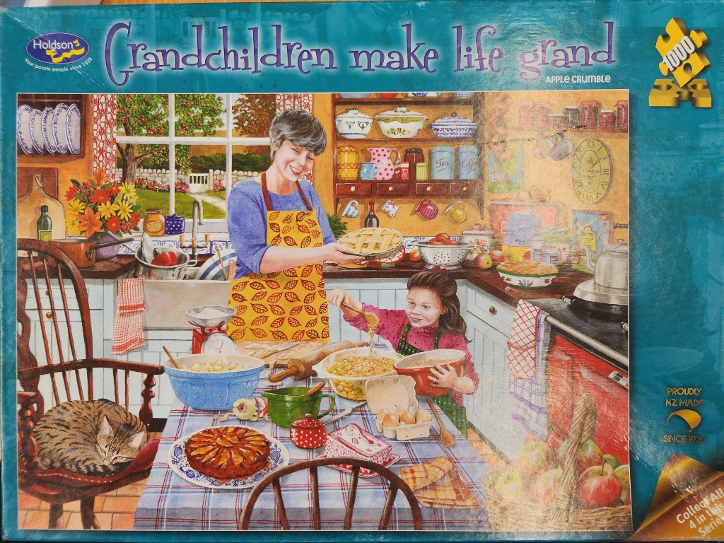 A grandmother and granddaughter baking an apple crumble in a cozy, sunlit kitchen.