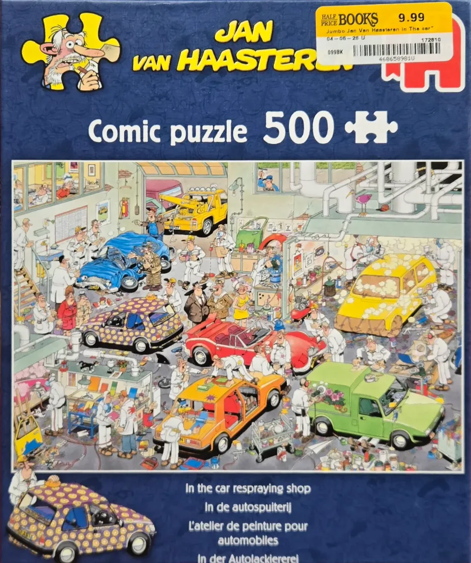 A busy cartoon scene of a cluttered car paint shop with many mechanics working on colorful vehicles.