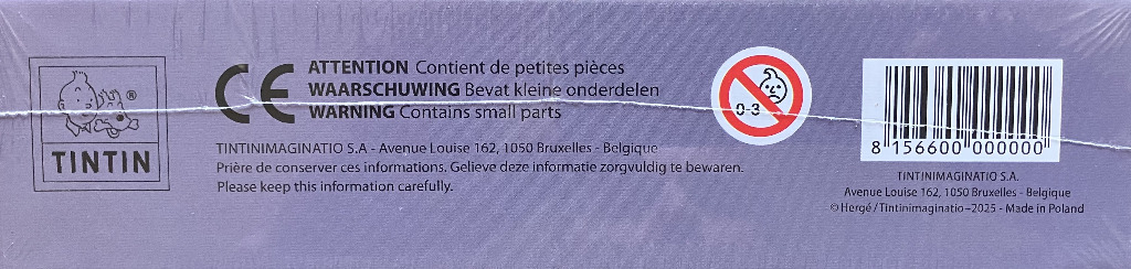 Tintin logo and safety information text on a purple background.
