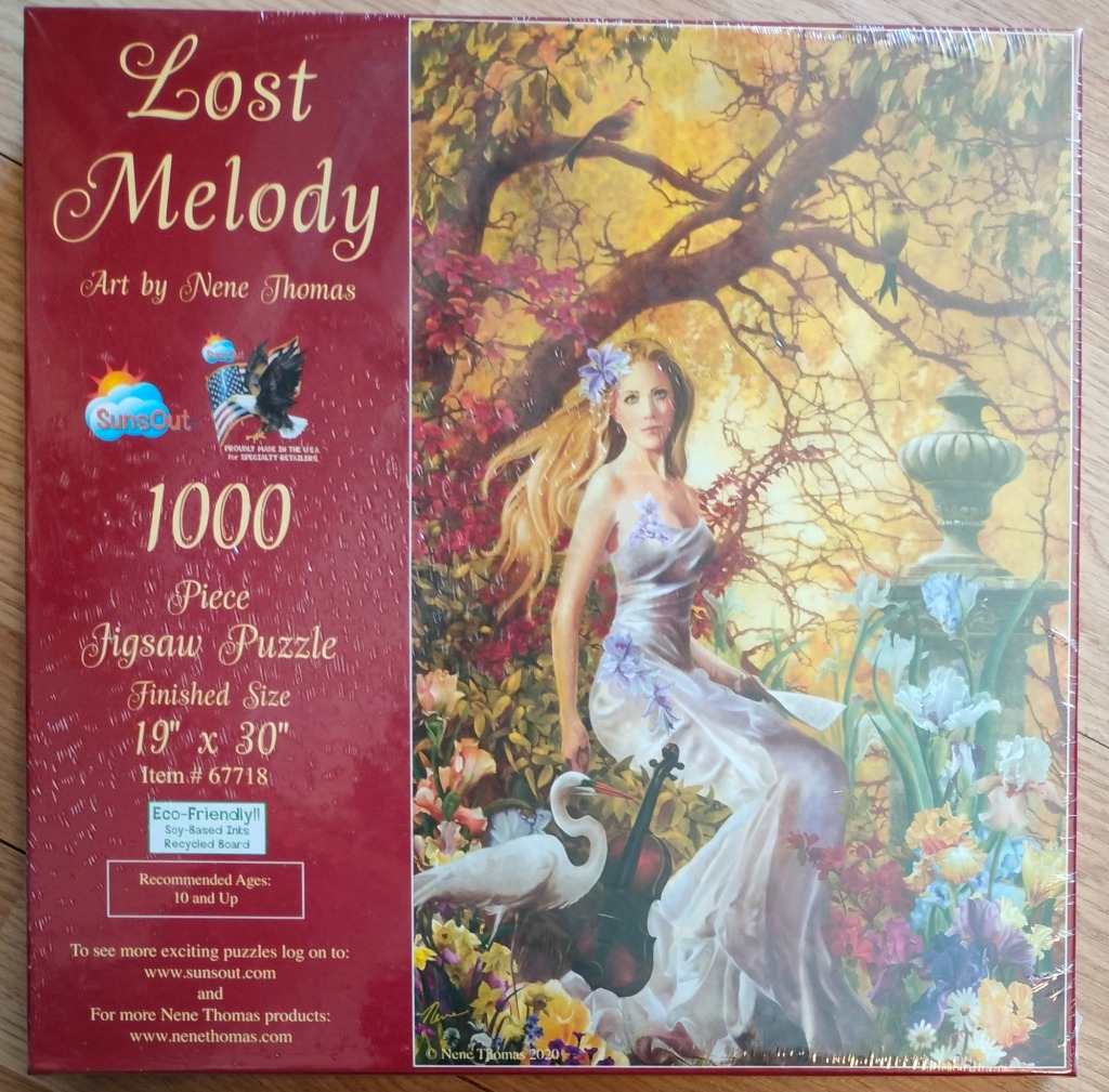 A fantasy painting of a blonde woman sitting in a lush garden with a heron and a violin.