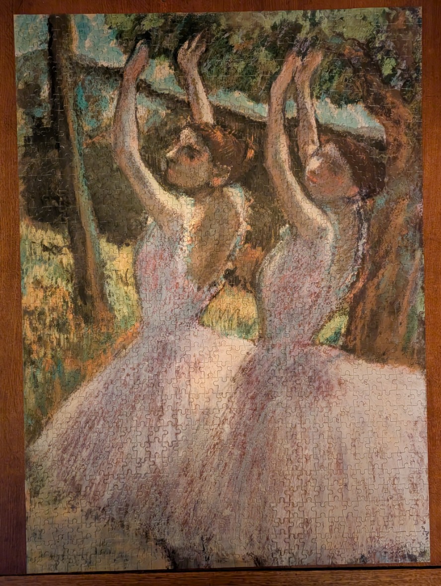 An impressionist painting of two ballet dancers in white tutus with their arms raised in a park setting.