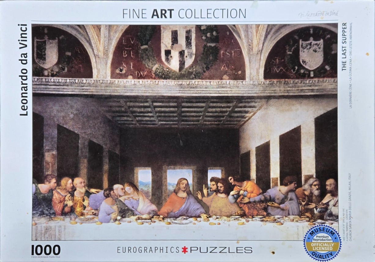 A reproduction of Leonardo da Vinci's The Last Supper, showing the interior of a hall with Christ and his apostles.
