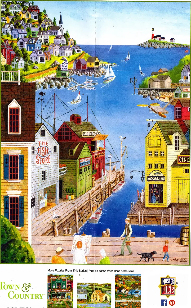 Colorful harbor scene with a coastal town on a cliffside, sailboats on the water, and people on a wooden dock.