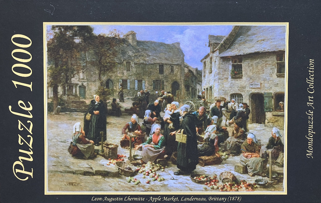 Painting of a bustling 19th-century open-air apple market in a stone-built village square in Brittany.