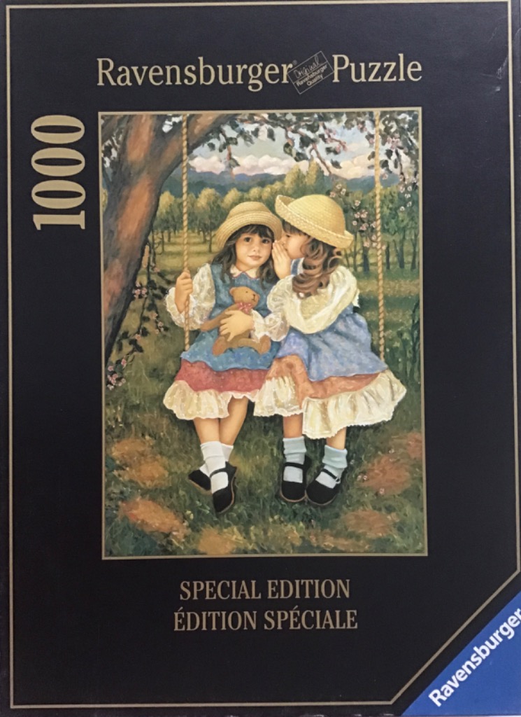 Two young girls in straw hats sitting on a rope swing in an orchard, one whispering to the other, holding a teddy bear.