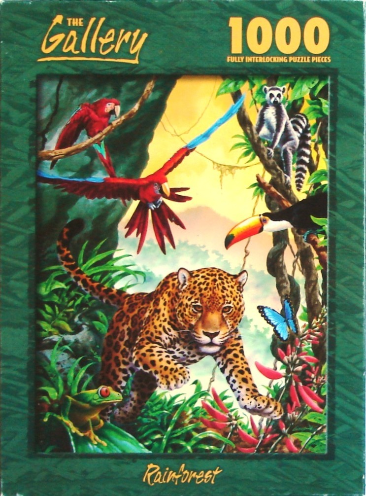 A lush rainforest scene featuring a leopard, macaws, a lemur, a toucan, a frog, and a blue butterfly.