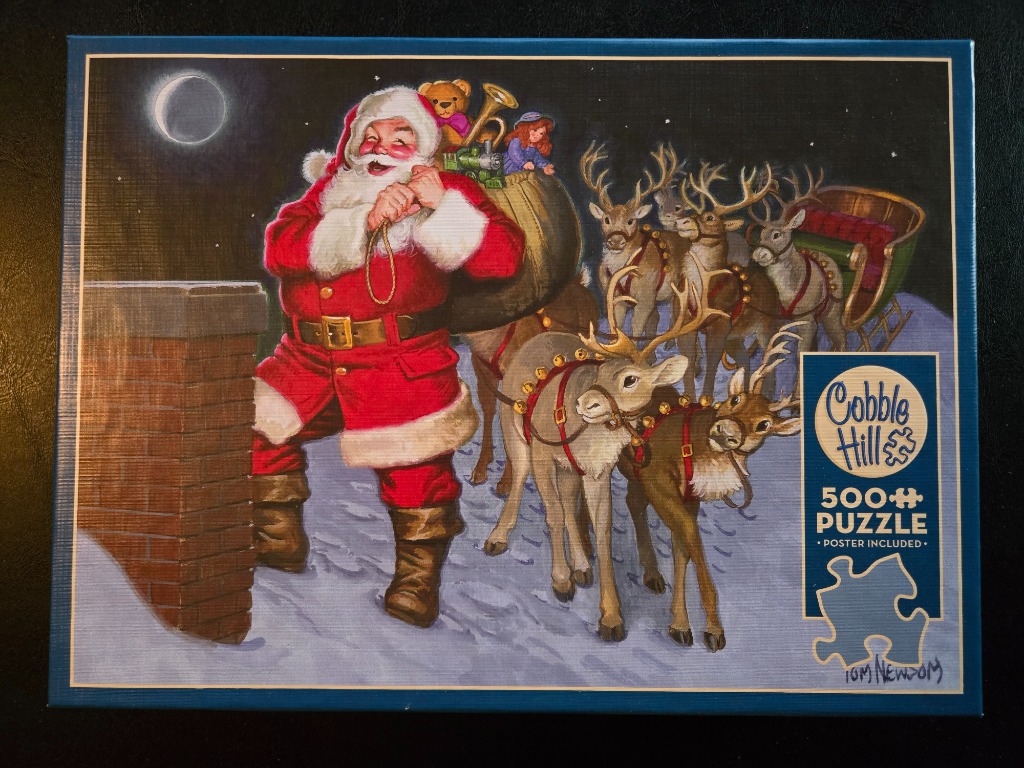 Illustration of Santa Claus standing on a snowy rooftop next to his reindeer and sleigh under a crescent moon.