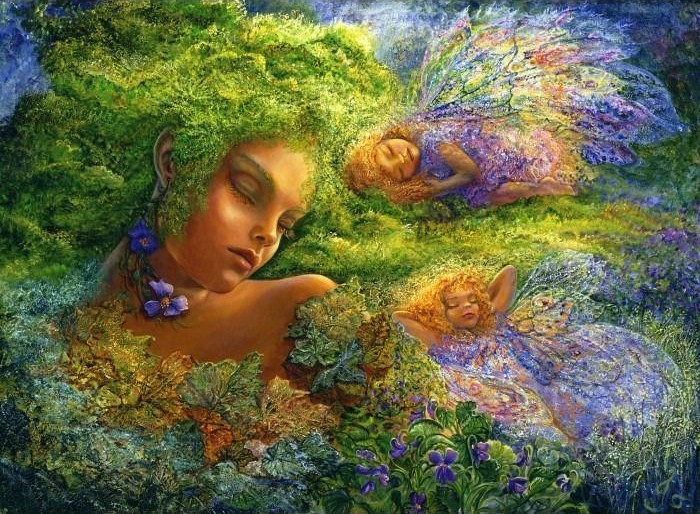 A giant sleeping forest spirit and two smaller fairies resting in a lush, blooming meadow.