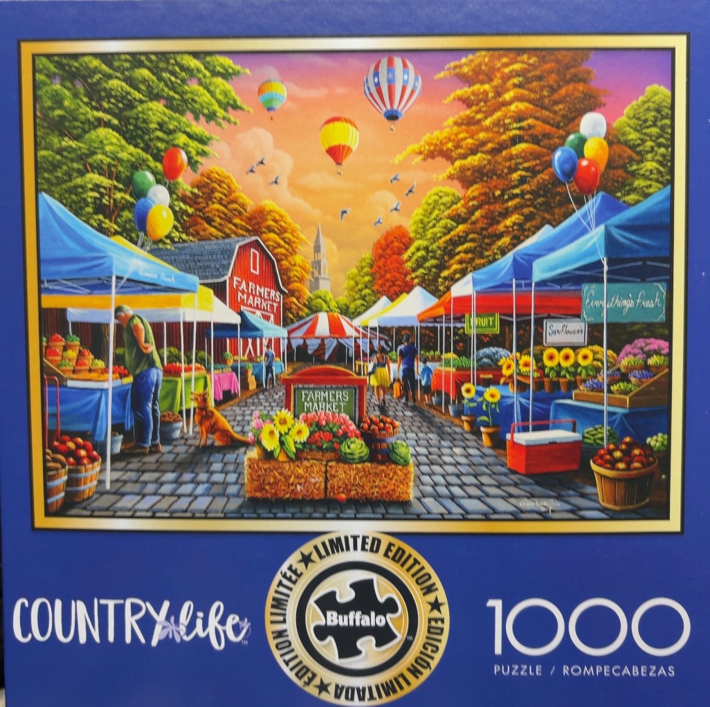 An oil painting of a busy farmers market scene at sunset with hot air balloons in the sky.