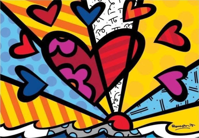 Pop art illustration featuring a large central heart radiating with colorful patterns and smaller heart icons