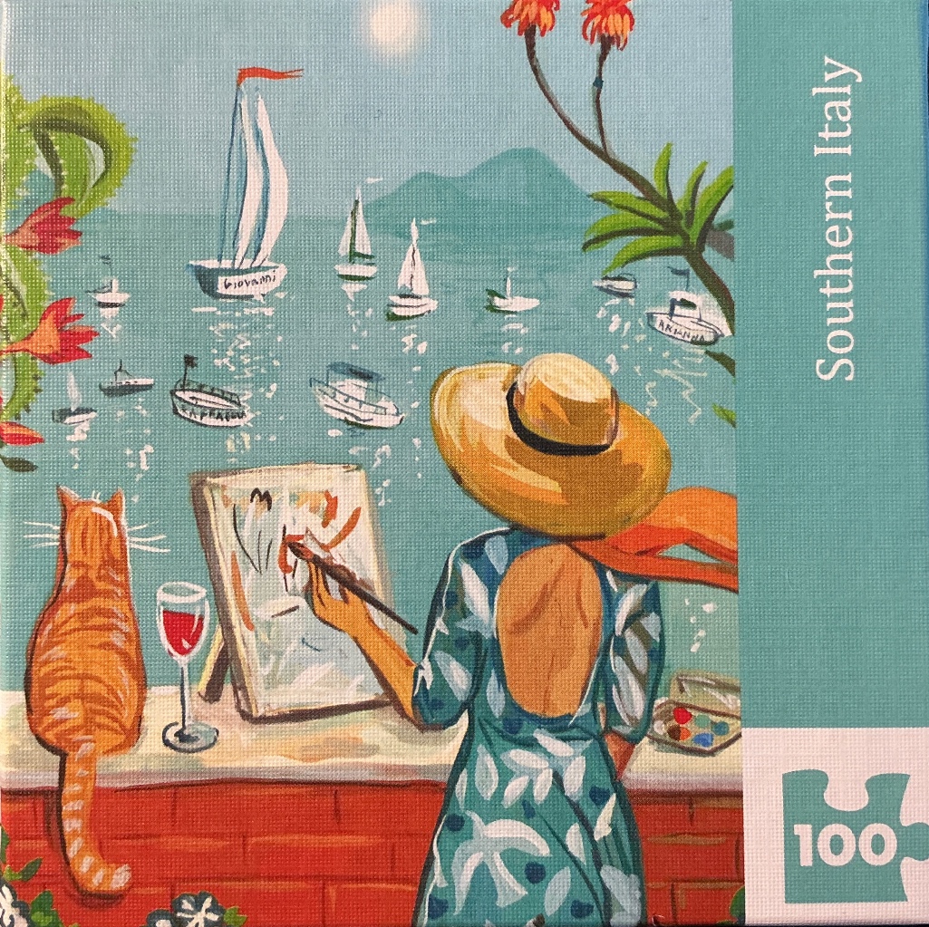 An artist in a straw hat paints a coastal scene featuring sailboats and a ginger cat in Southern Italy.