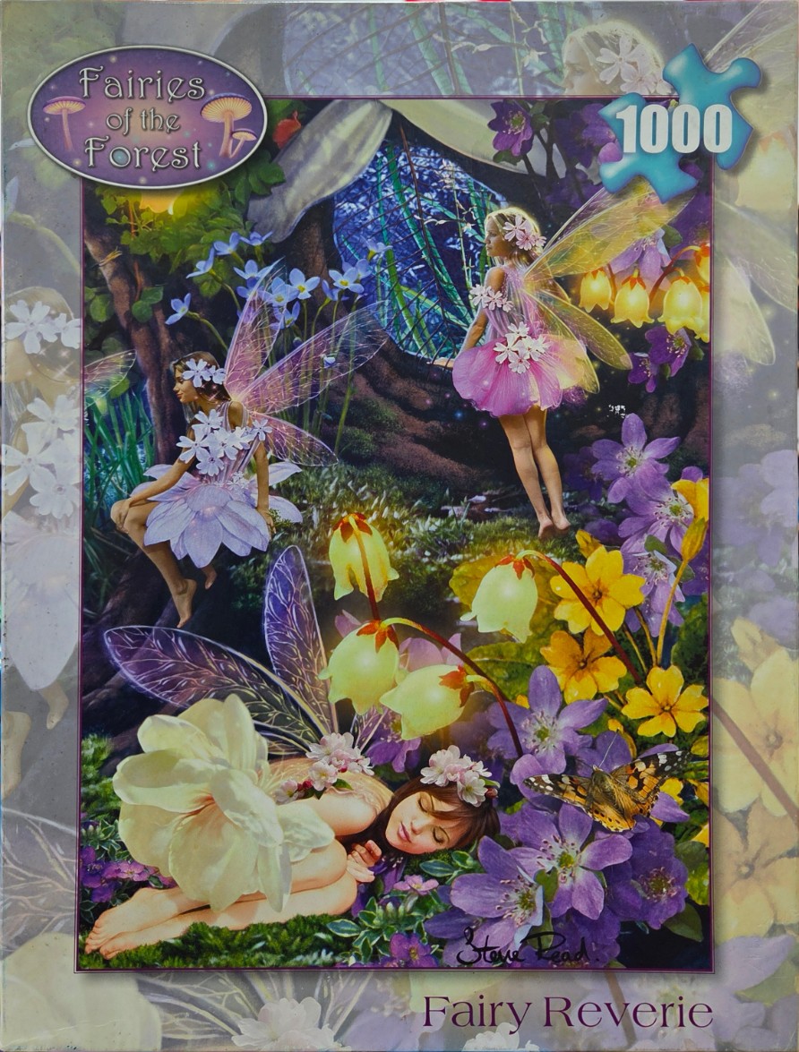 Fantasy illustration of three fairies in a lush garden with purple and yellow spring flowers.