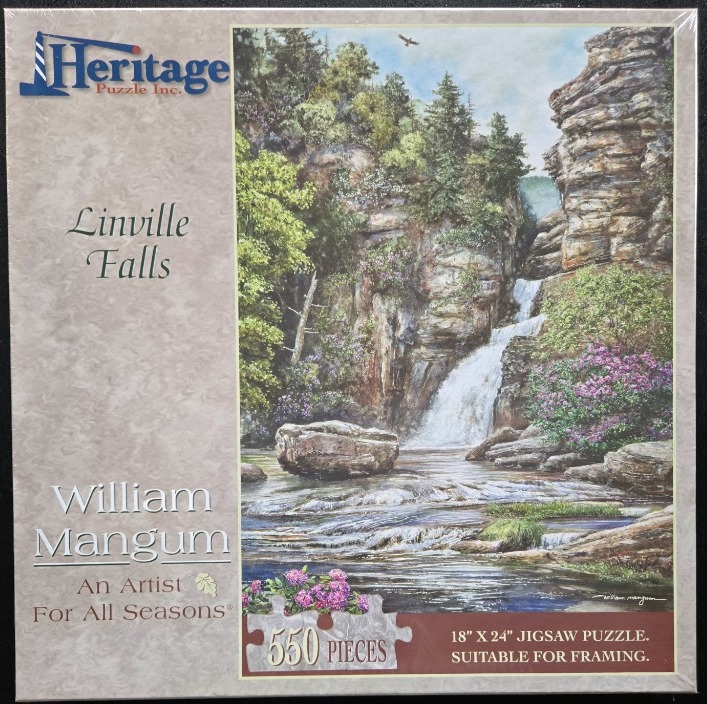 An oil painting of Linville Falls featuring a cascading waterfall, rugged cliffs, and purple rhododendrons.