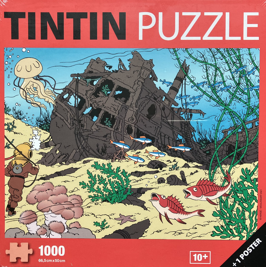Illustration of a deep-sea shipwreck, a diver, and marine life in the style of Tintin comics.