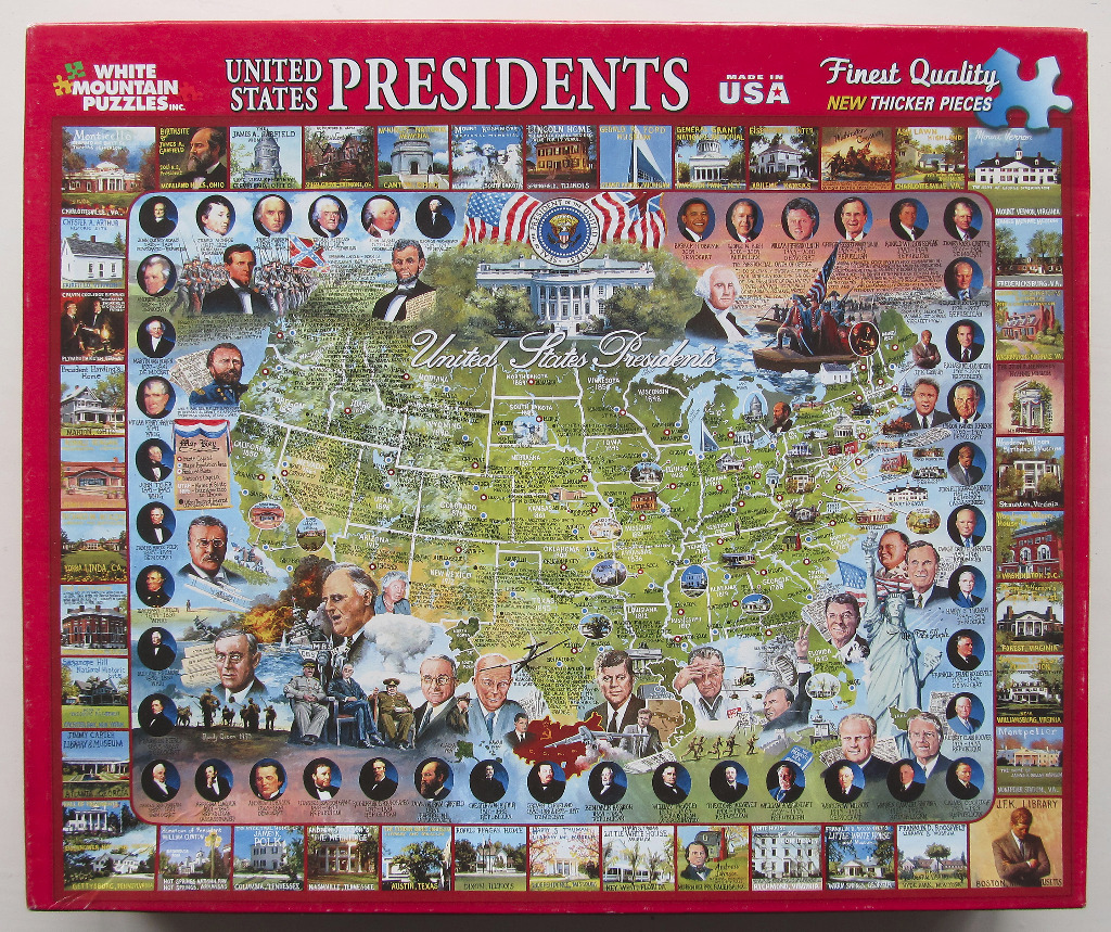 A detailed collage of US Presidents, historical sites, and a map of the United States.