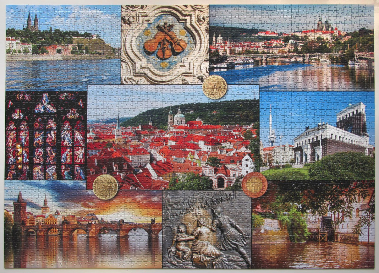 Collage of various landmark scenes and architectural details from Prague, Czech Republic.