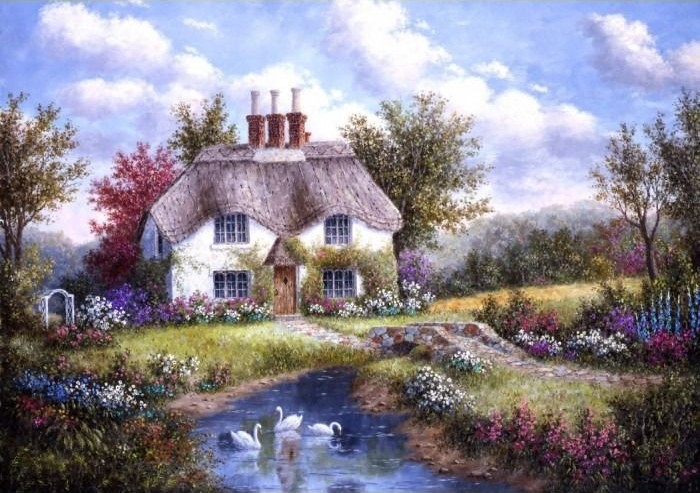 A thatched-roof cottage by a stream with three swans and blooming flower gardens under a blue sky.