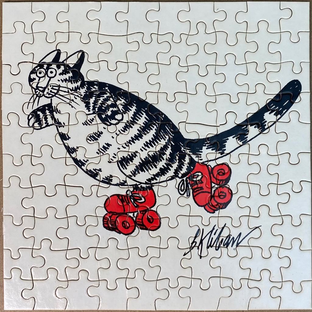 A whimsical illustration of a plump, tabby cat wearing red roller skates against a plain white background.