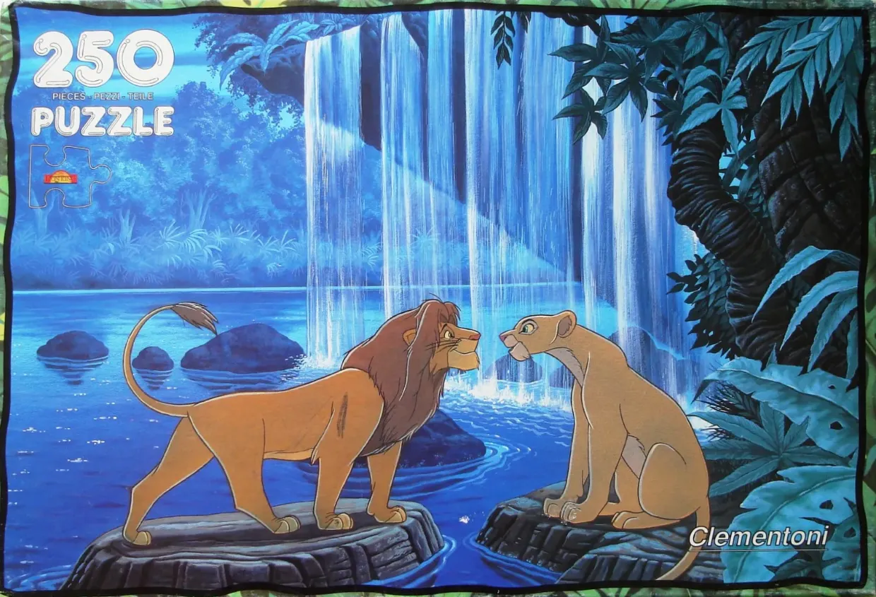 Simba and Nala face each other by a waterfall in a lush jungle setting