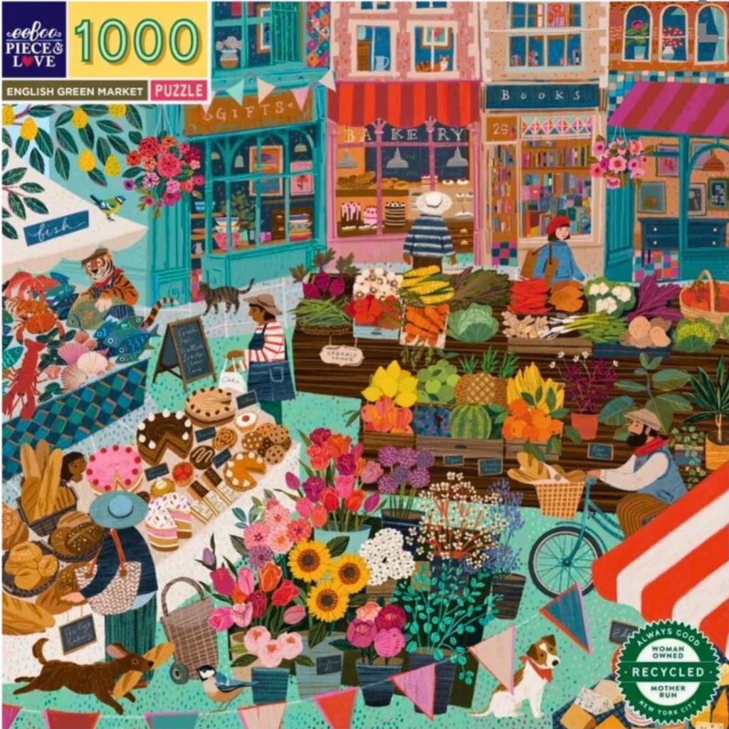 A lively illustration of an outdoor market featuring stalls of flowers, produce, and baked goods.