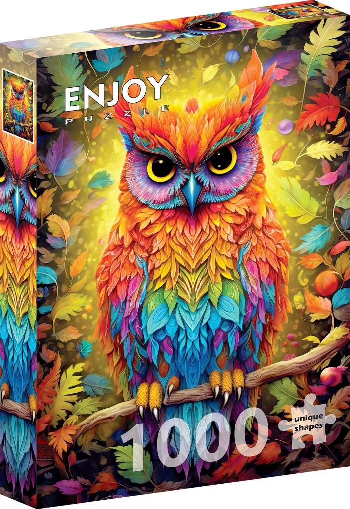 An illustration of a vibrant owl with rainbow-colored feathers perched on a tree branch.