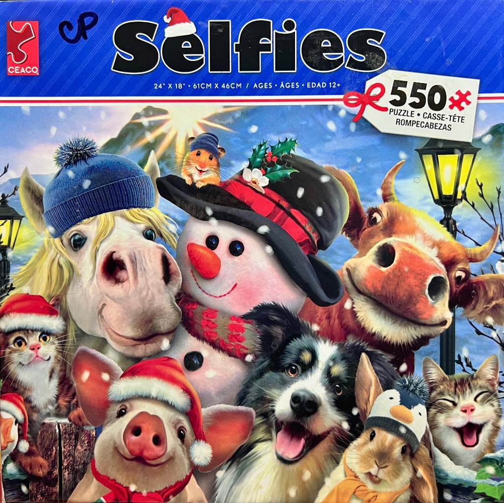 A group of cheerful animals and a snowman wearing winter clothing in a snowy landscape.