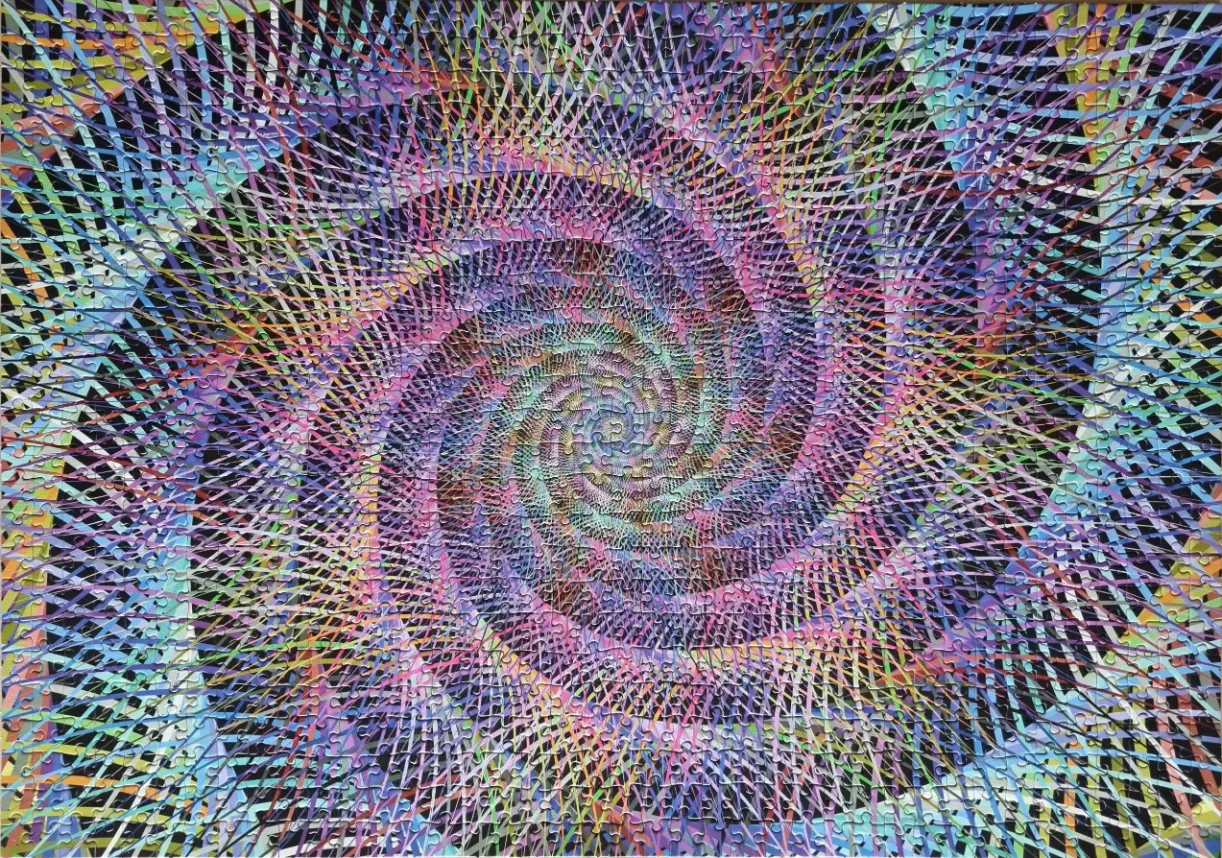 An abstract, hypnotic geometric spiral pattern consisting of interlocking rainbow-colored lines against a black background.