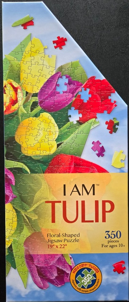 A close-up illustration of vibrant yellow, red, and purple tulips against a clear blue sky.