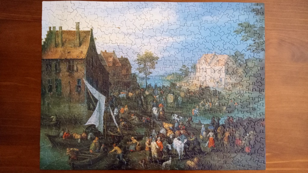 A classic oil painting depicting a busy riverside village scene with boats, townspeople, and cattle.
