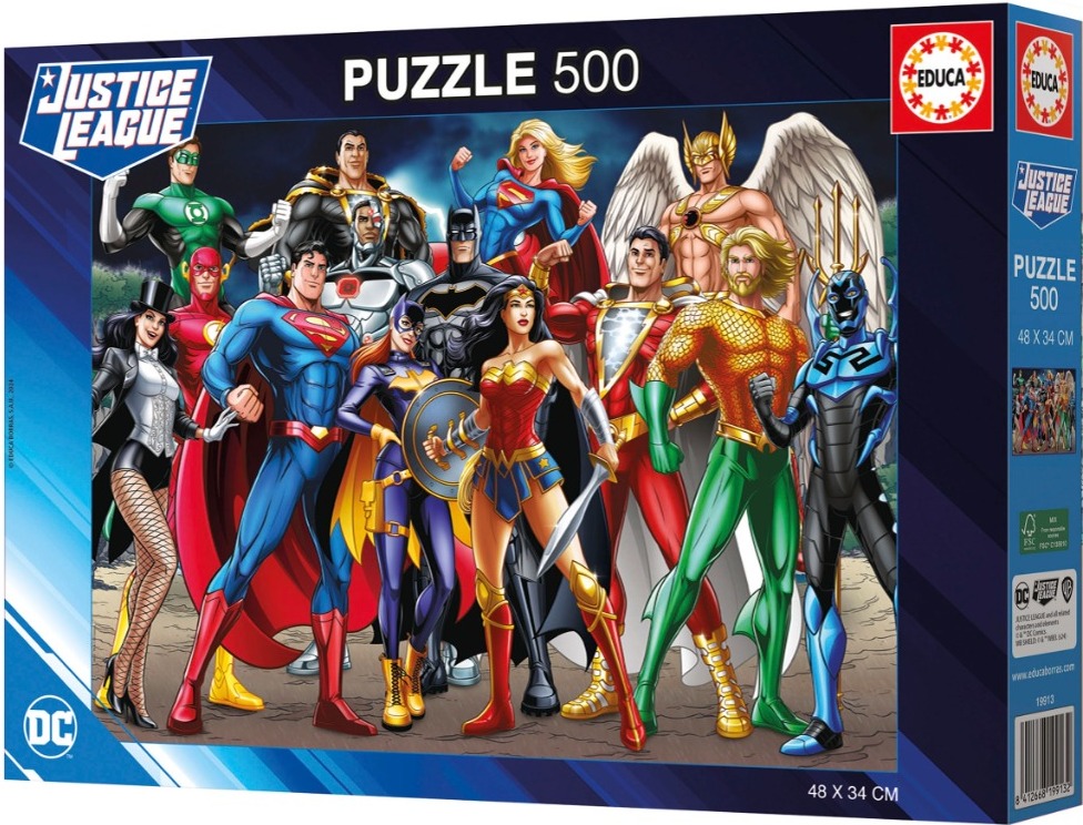 A group of DC comic book superheroes posing together in a heroic illustration.