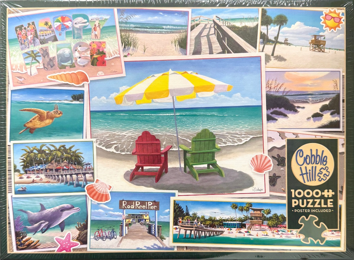 A collage of coastal Florida scenes, featuring a central image of two Adirondack chairs under a yellow beach umbrella.