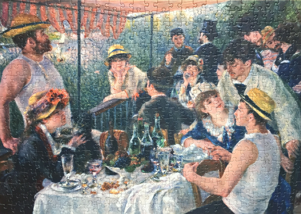 Painting of a group of people relaxing and drinking at an outdoor luncheon