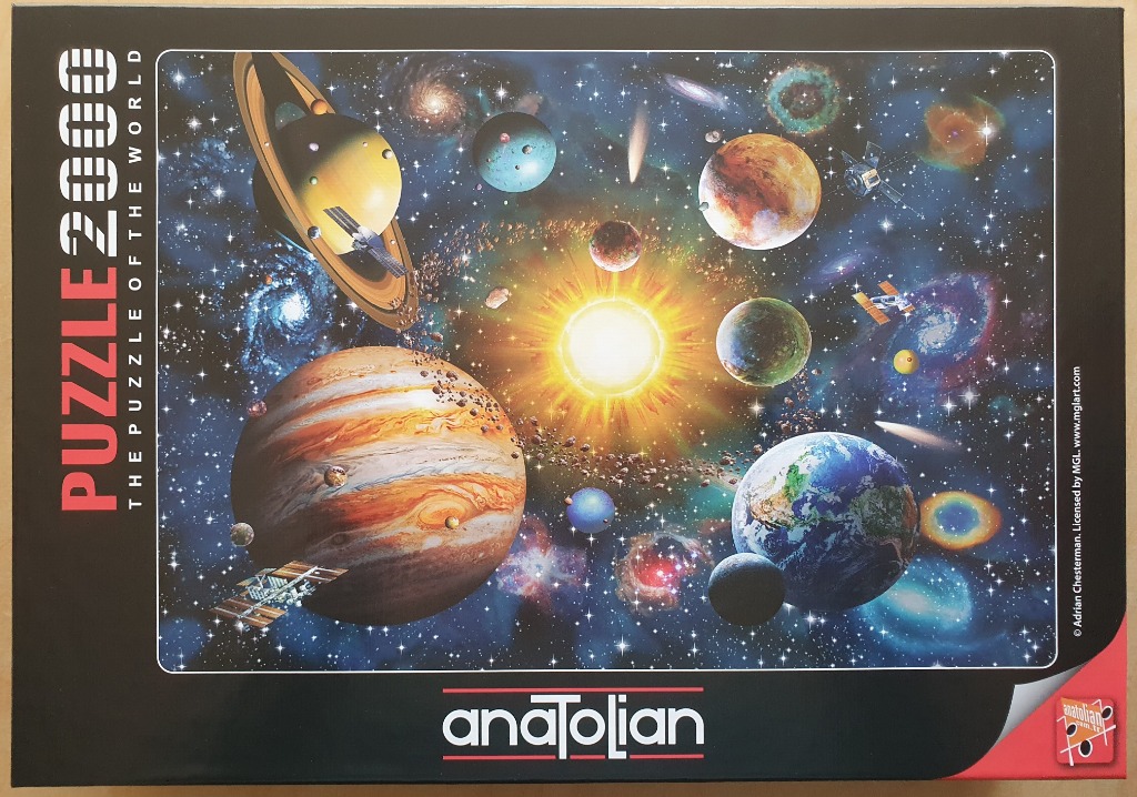 An illustration of space featuring a glowing central sun, various planets like Earth, Jupiter, and Saturn, and galaxies.